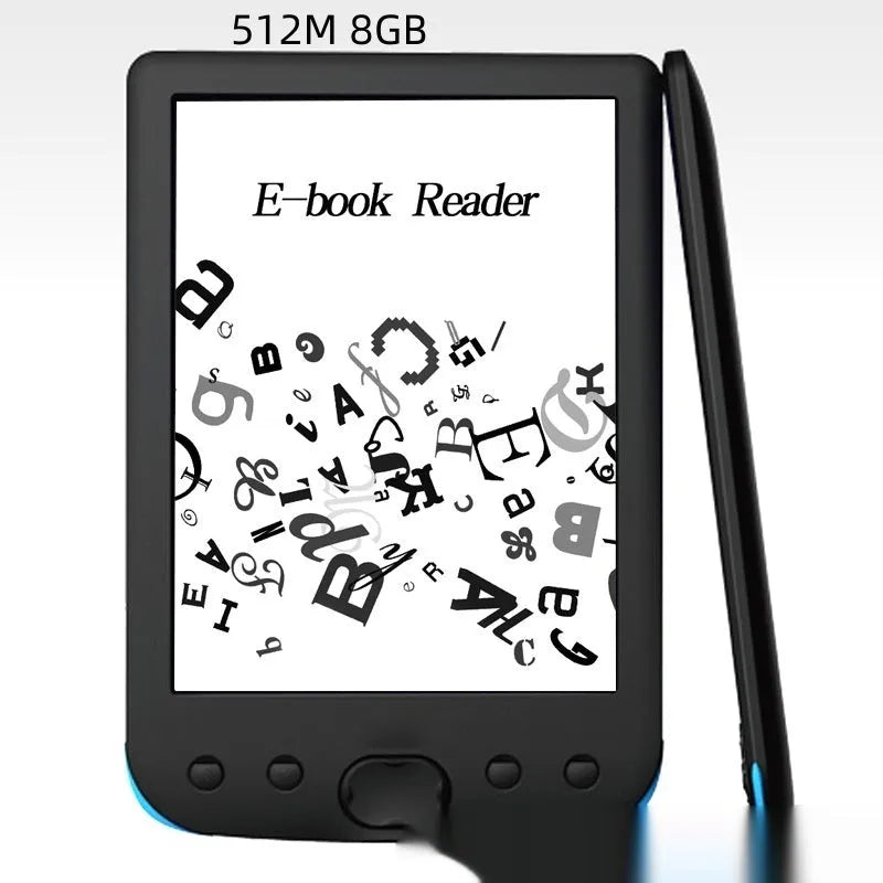 Black 6-inch E-ink e-book reader on a table showing a page of text.