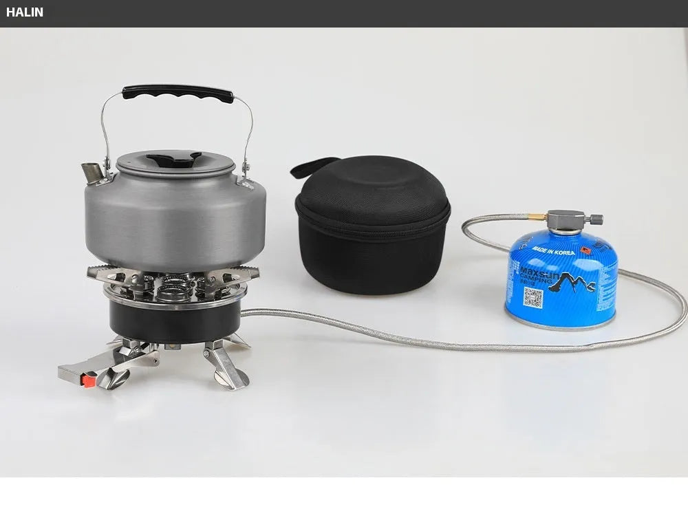 Silver stainless steel and copper portable split camping stove with foldable design and 100cm hose