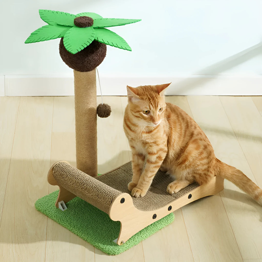 Wooden beach chair shaped cat climbing frame with integrated hemp mat scratch board.