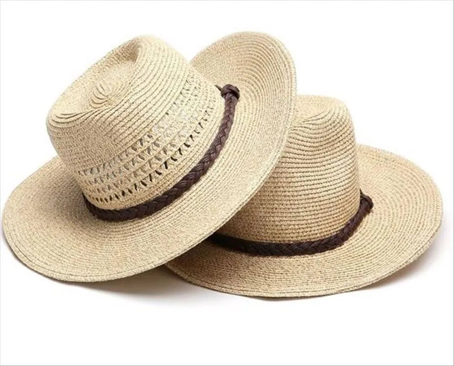 Men's foldable wide-brim straw sun hat in beige on a neutral background