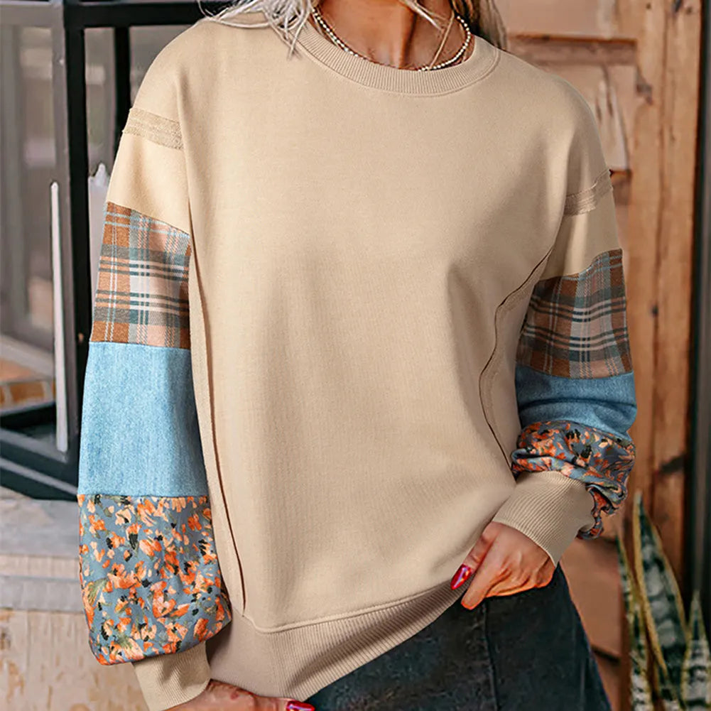 Women's beige and red plaid stitching long-sleeved loose fit casual top.
