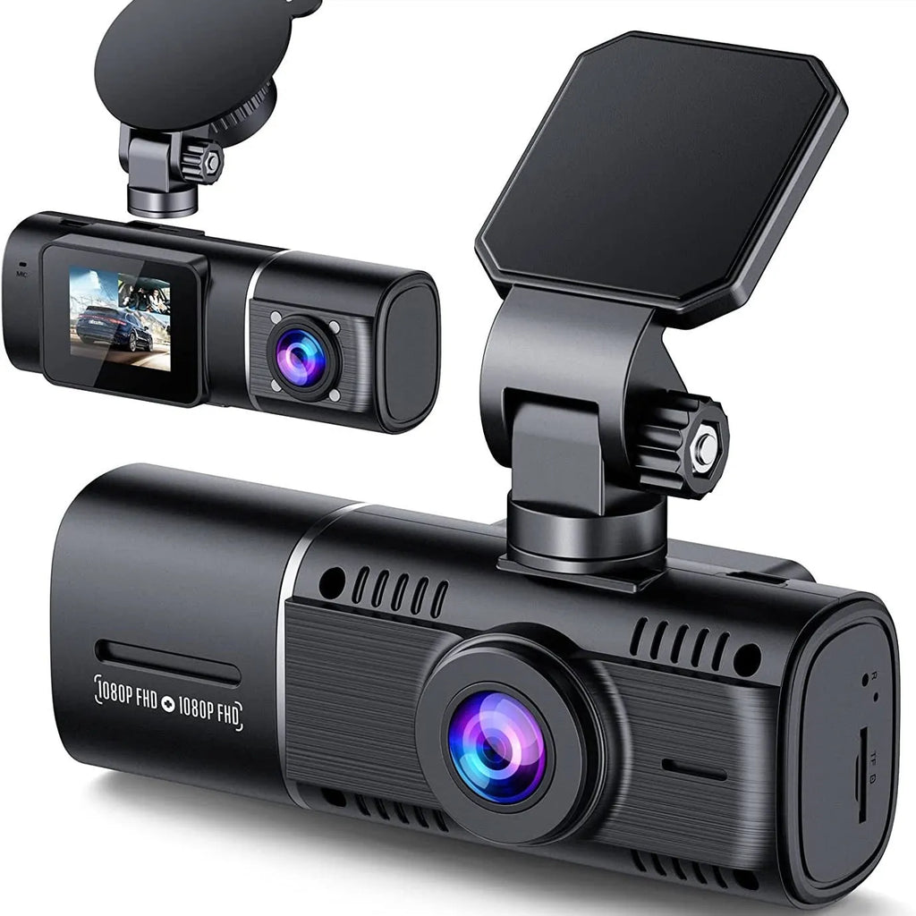 Standard black 1080p dash cam with 1.5-inch screen shown with car charger and mounting stand.