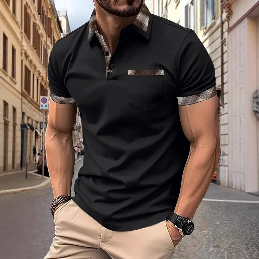 Men's loose fit plaid t-shirt with colourblock design and zipper decoration details