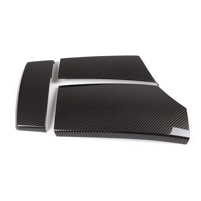 Three black ABS armrest box protective covers with carbon fibre pattern for car centre console