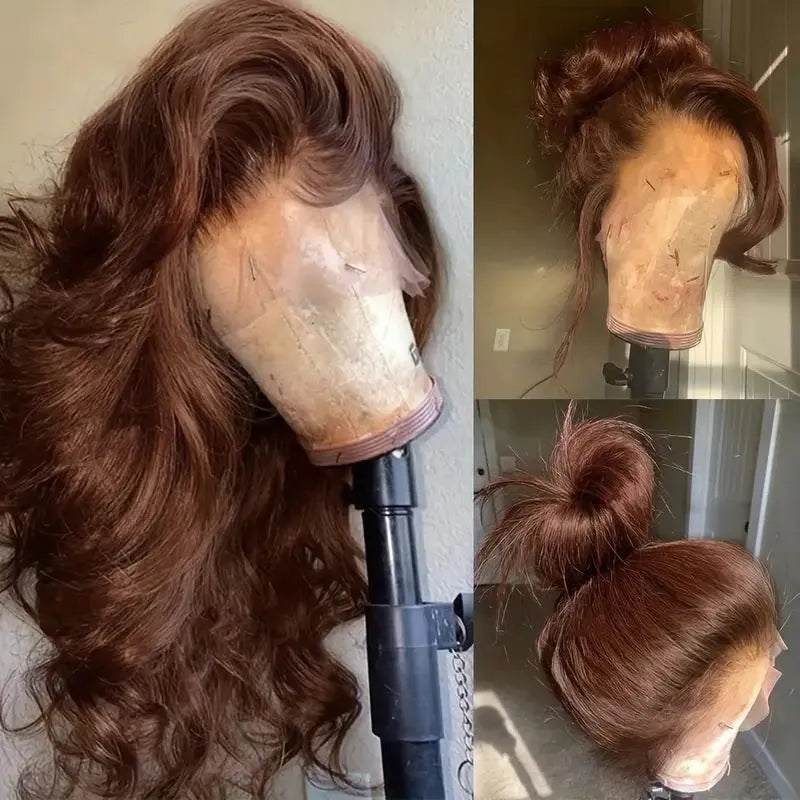 Long curly dark brown synthetic wig with side bangs on a mannequin head.