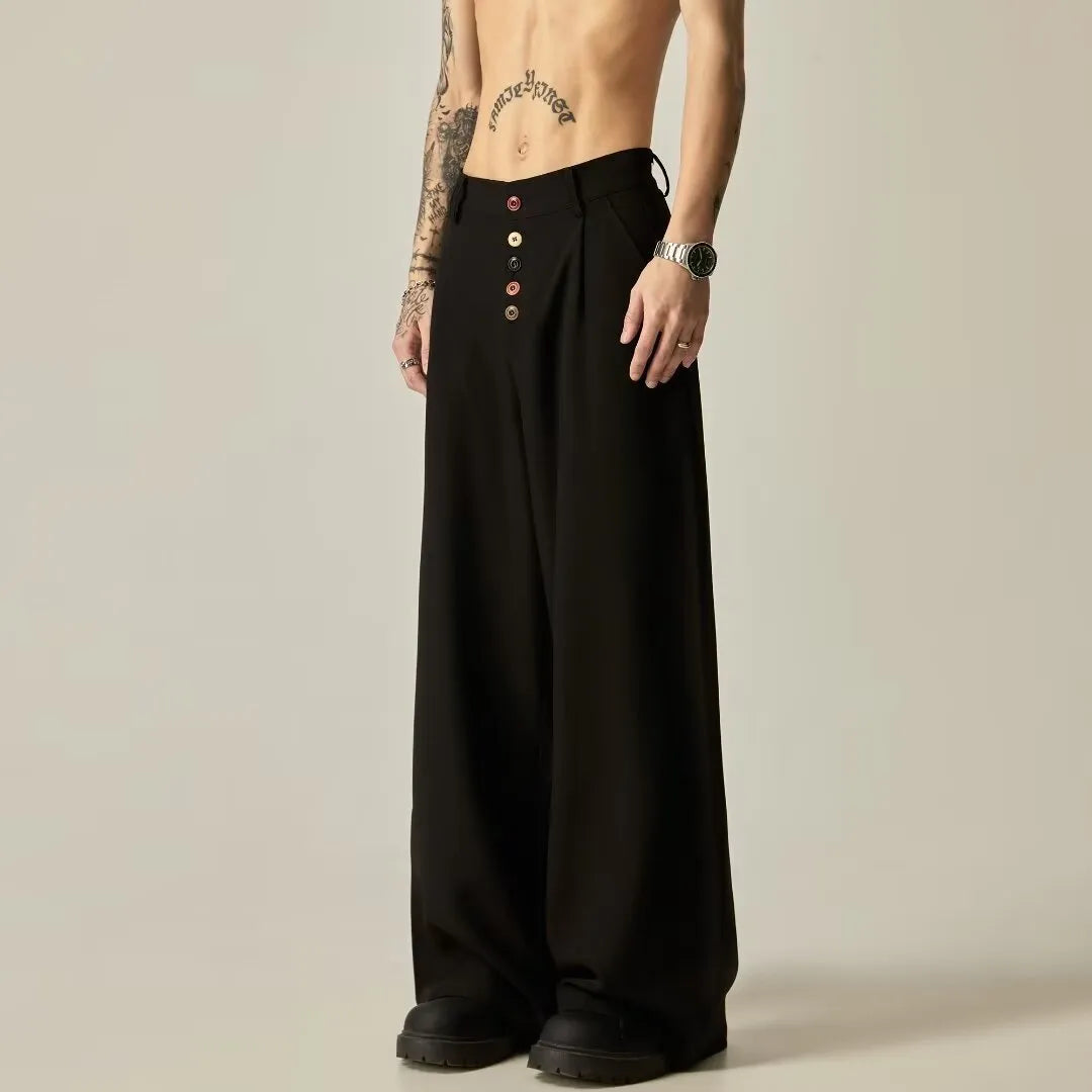Men's solid colour vertical tube wide-leg casual trousers in black and brown options