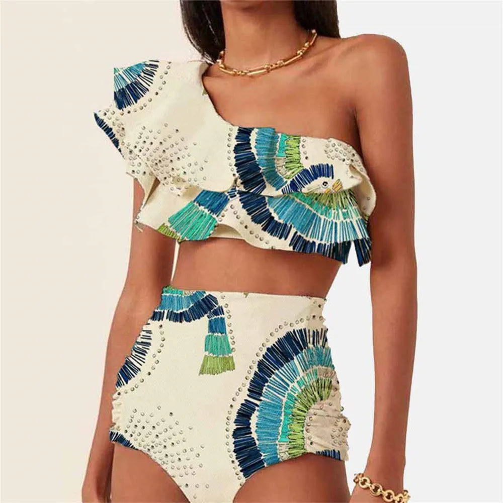 White women's one-shoulder swimsuit with a textured large lotus leaf design and double-layer construction.