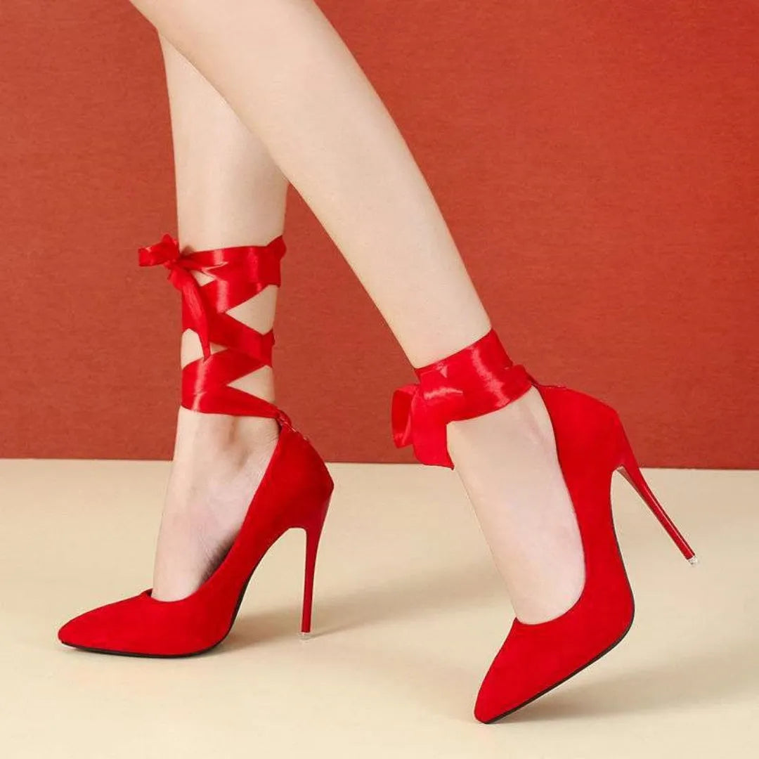 Black and red pointed toe stiletto heels with fabric and lace strap options on a 10cm or 12cm heel.