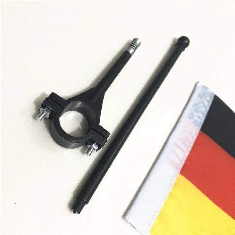 Square polyester car flag on plastic handlebar flagpole for bicycle mounting