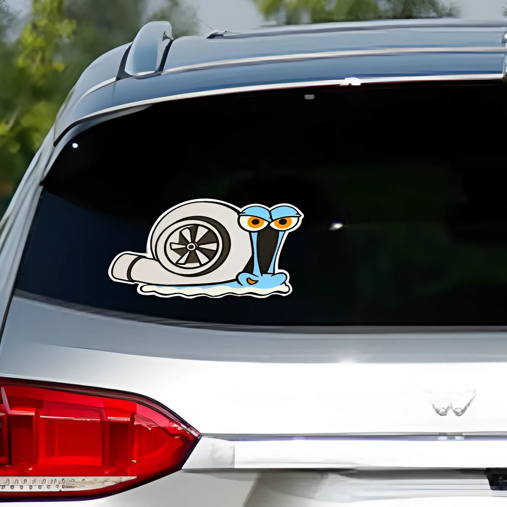 White snail cartoon reflective car bumper sticker measuring 12cm by 8cm