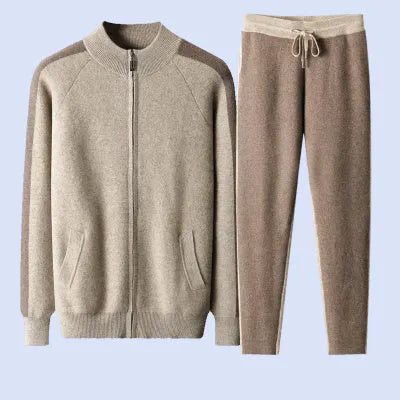 Men's navy blue cashmere wool blend half turtleneck zipper cardigan with matching trousers