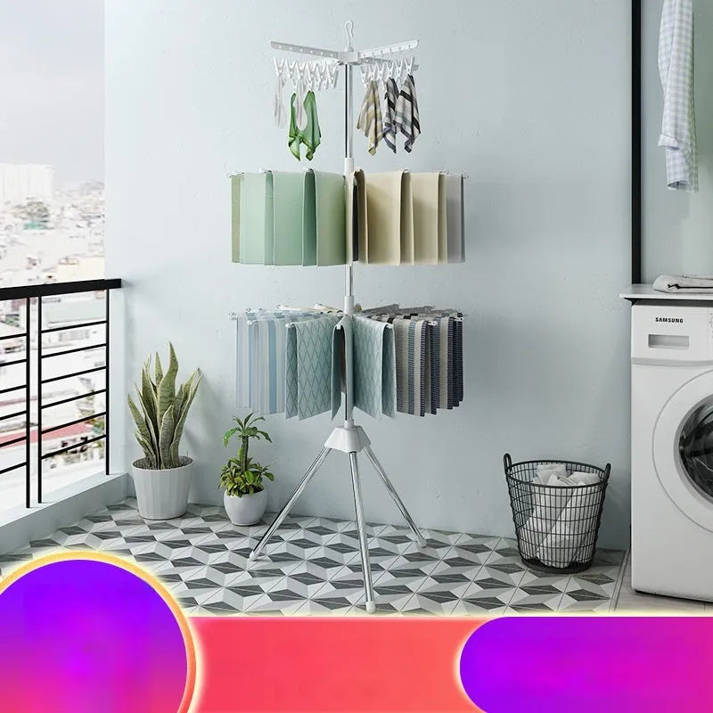 Stainless steel three-layer drying rack with movable plastic clips for laundry organisation