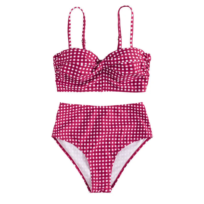 Women's plaid high-waist bikini swimsuit set in rose red, shown as a two-piece with briefs.