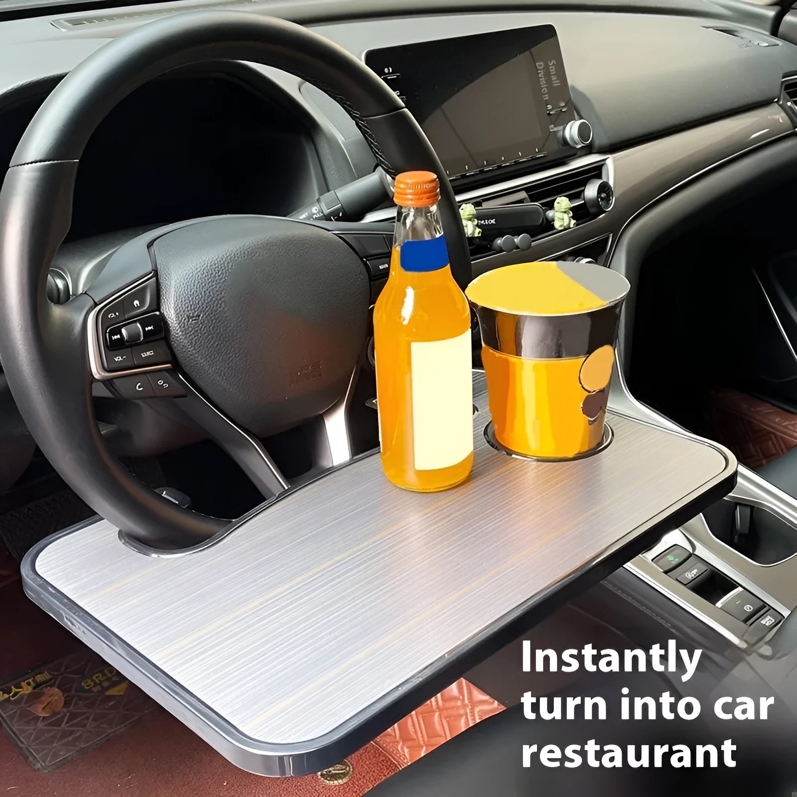 Portable black ABS plastic car steering wheel laptop stand with foldable drink cup holder on vehicle steering wheel