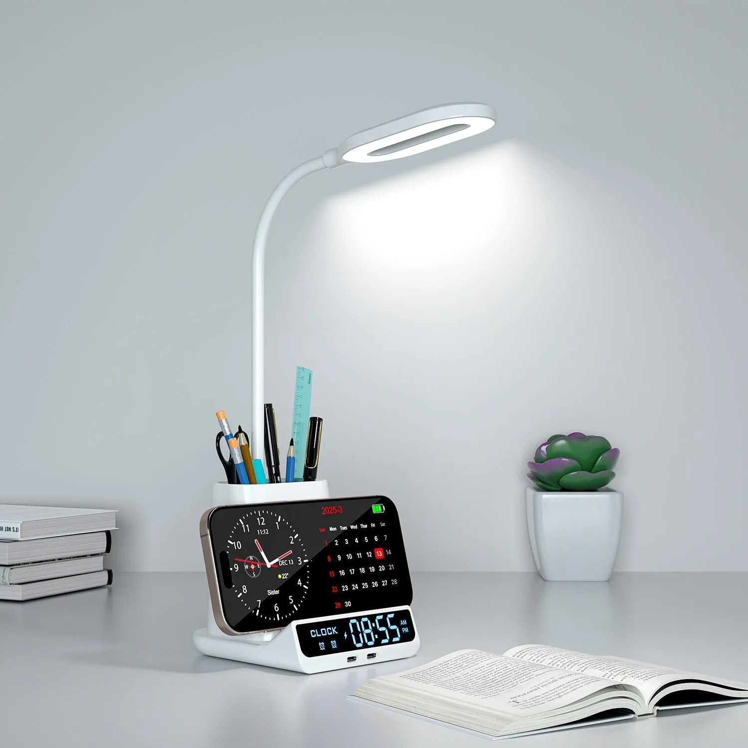 Minimalist desk lamp with wireless charging pad, pen holder and storage compartment