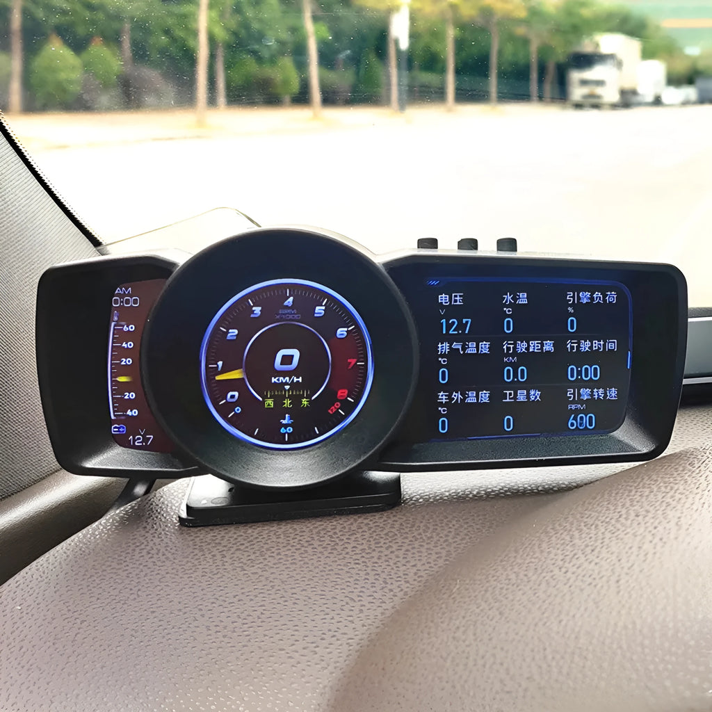 A600 OBDII monitor driving computer with HD screen showing vehicle diagnostics and GPS navigation display