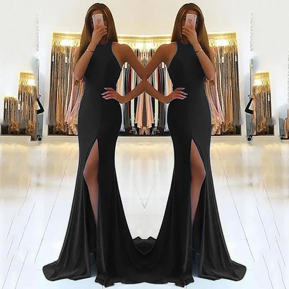 Long red ladies evening dress with high waist and large swing skirt