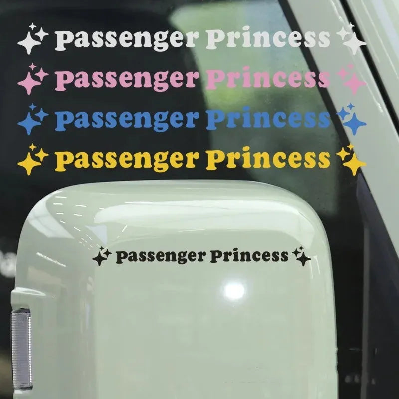 Passenger Princess decorative sticker for car rearview mirror, showing colour options.