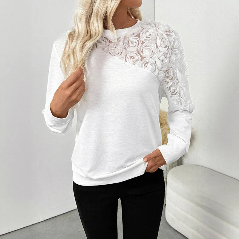 White long sleeve pullover top with floral pattern, loose fit, European and American sizing