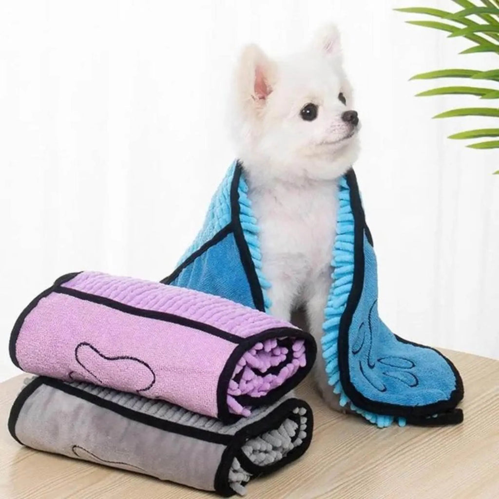 Four-layer thick pet bath robe towel measuring 62cm by 23cm in blue, grey, purple or red colours
