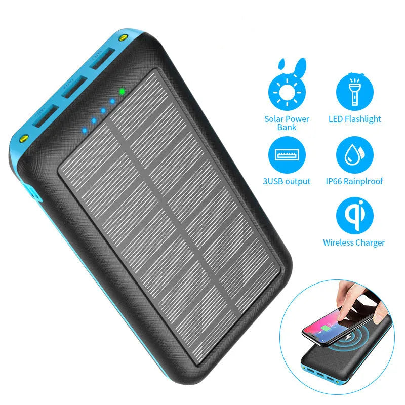 Black portable power bank with wireless charging surface and three USB ports for multiple device charging