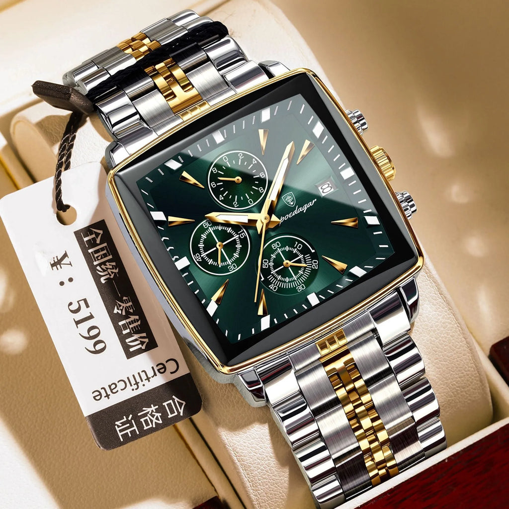 Square men's business watch with stainless steel strap and multiple colour options