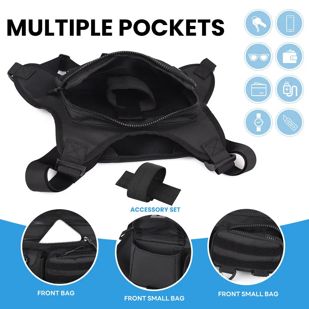 Men's black outdoor sports chest bag in a vest style, made from Oxford cloth.
