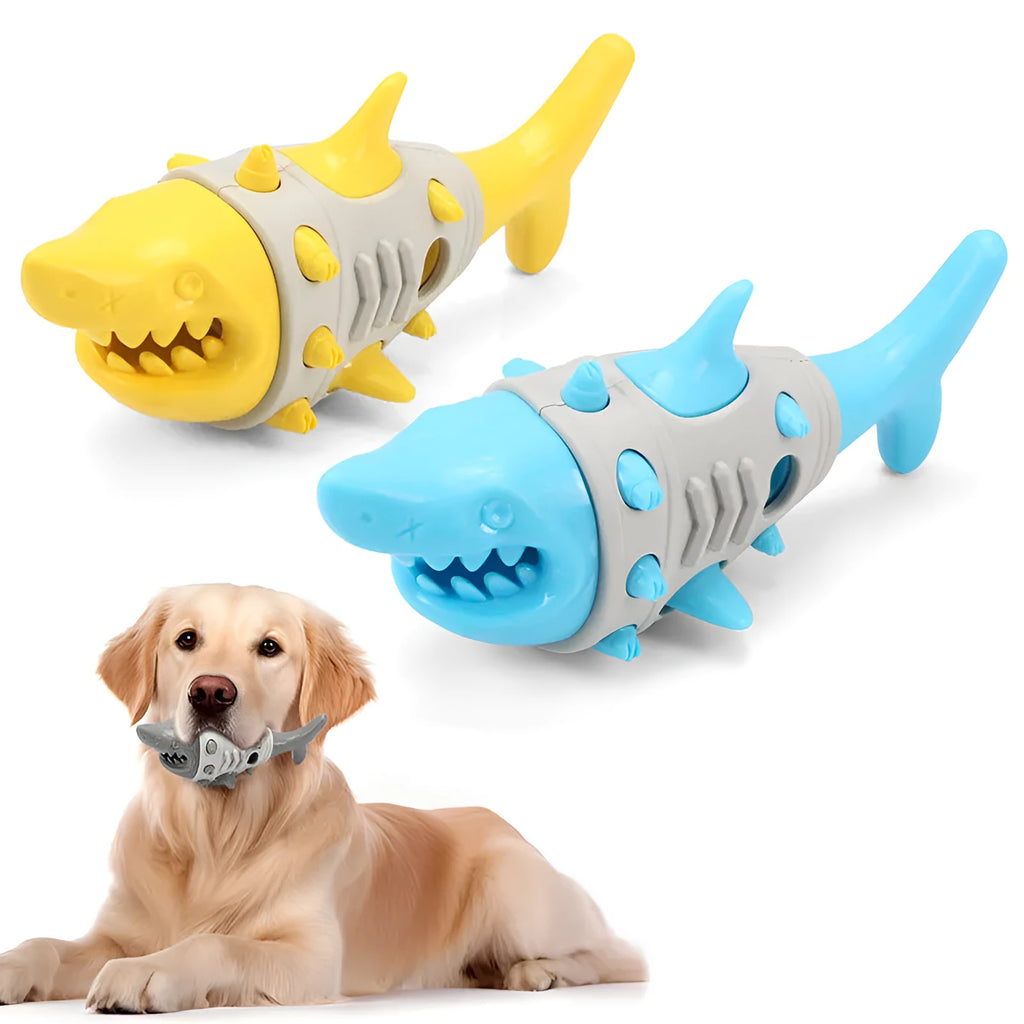 Blue durable rubber dog toy with shark-tooth texture for teething and dental cleaning.