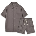 Women's casual two-piece set with short sleeve top and elastic waist shorts in beige.
