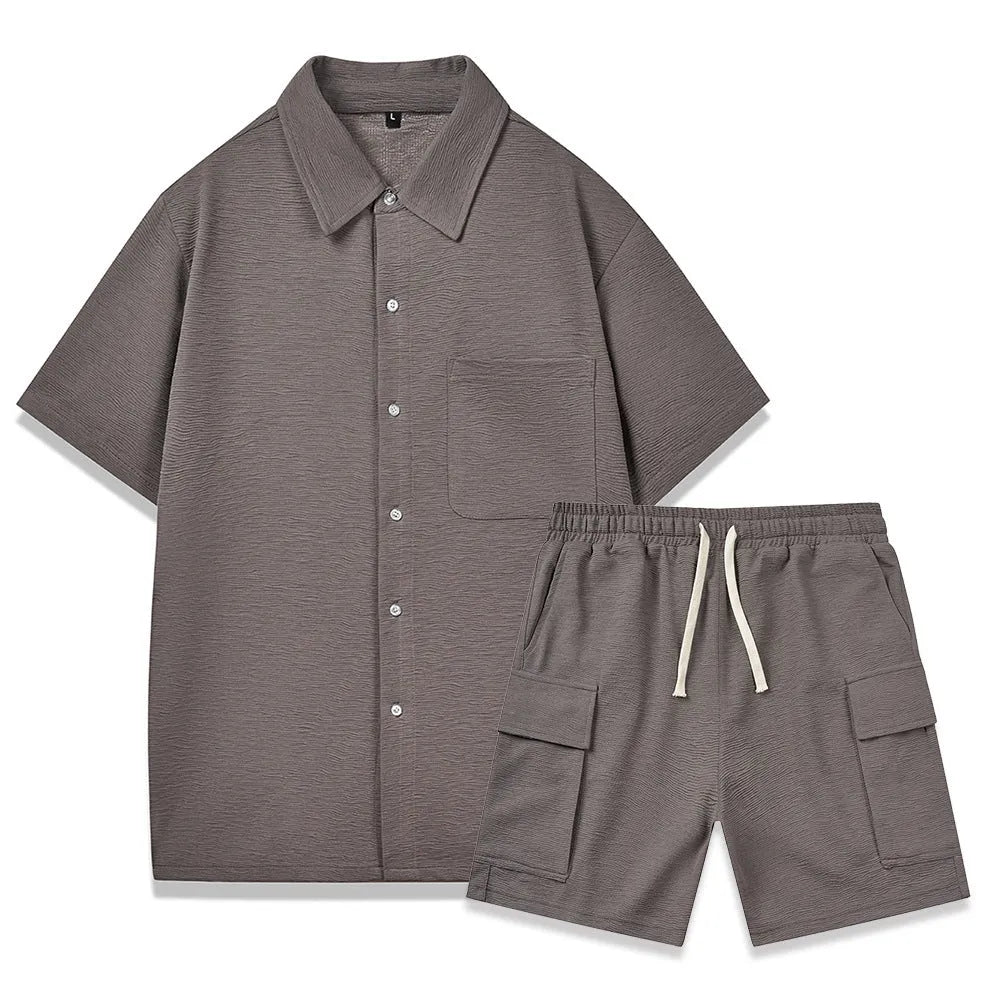 Women's casual two-piece set with short sleeve top and elastic waist shorts in beige.