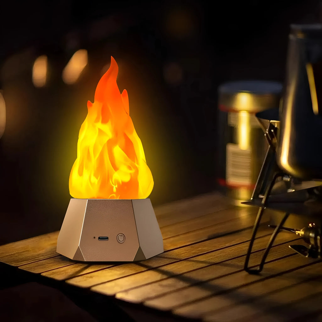 Flame-shaped decorative night light with black charging base for indoor and outdoor use