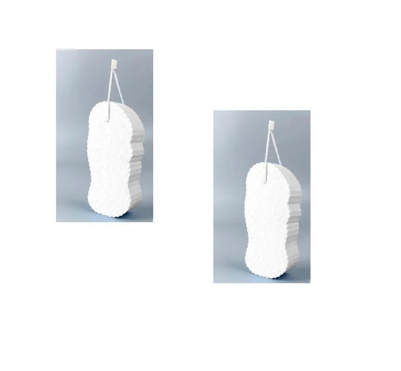3D white bath sponge with fish scale pattern for gentle body exfoliation.