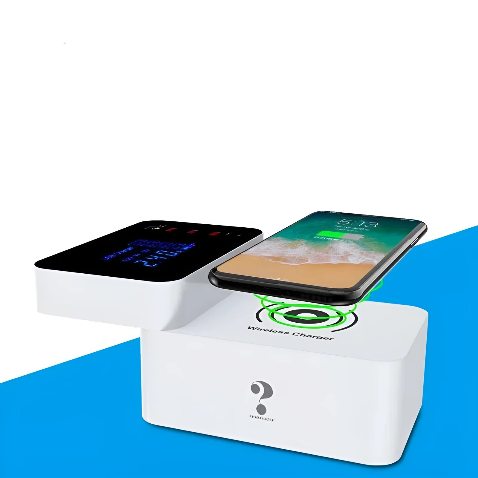 White multi-port USB and wireless fast charger with international plug adapters on a desk