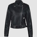 Women's red PU leather jacket with a lapel collar and a short black belt fastened at the waist.