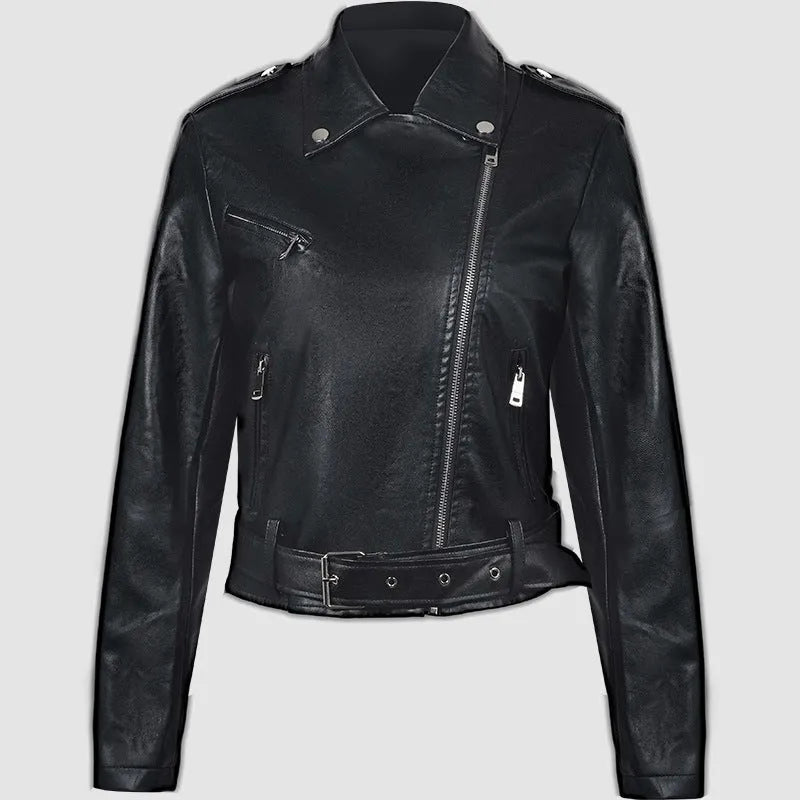 Women's red PU leather jacket with a lapel collar and a short black belt fastened at the waist.