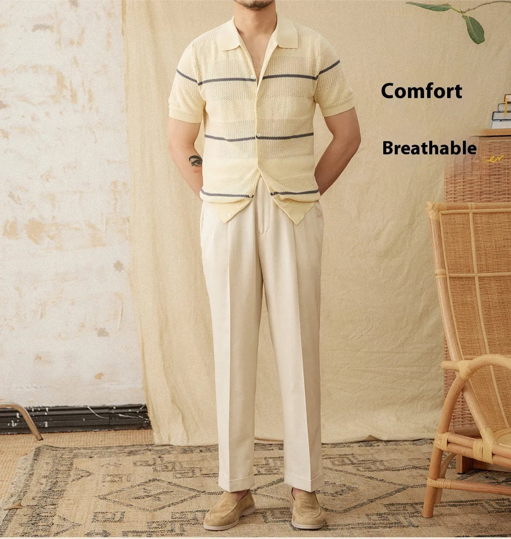 Men's camel coloured lapel collar short sleeve cardigan made from linen and cotton blend fabric