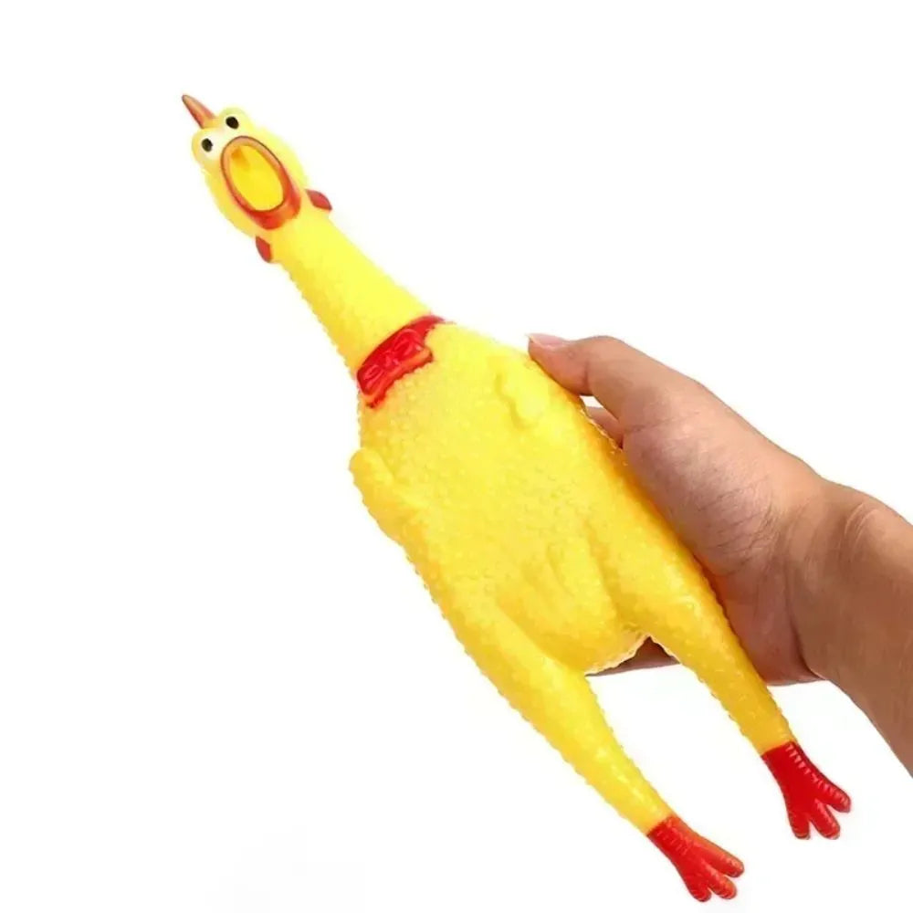 Yellow rubber squeaky chicken dog chew toy shown in three different sizes on a white background.