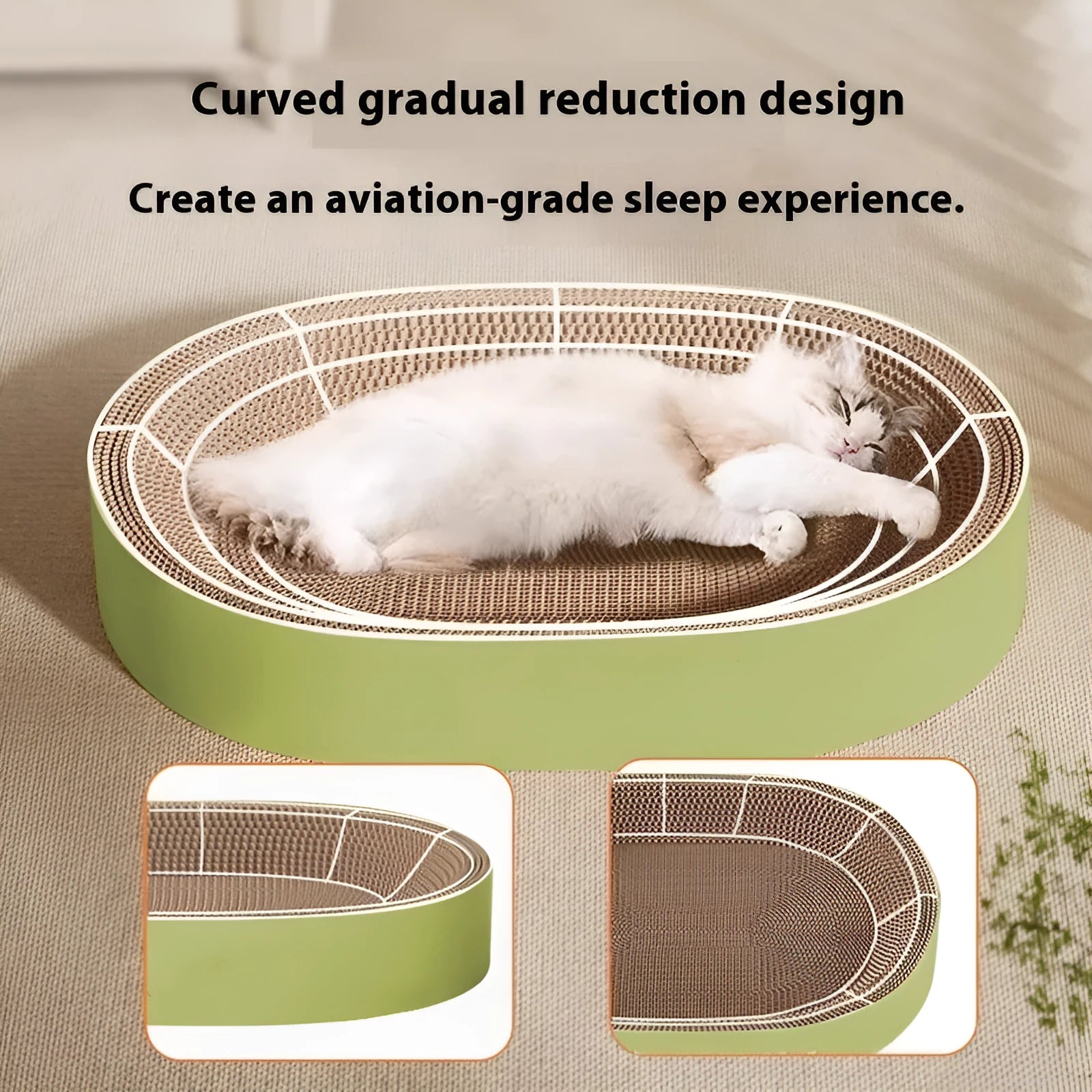 Green oval corrugated paper cat scratch board with cat nest, 55cm diameter