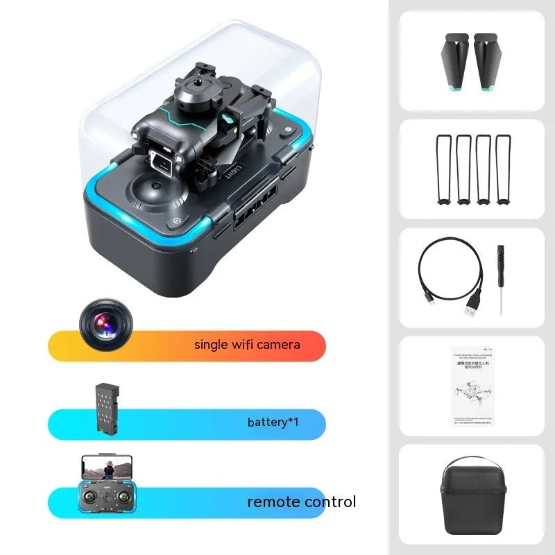Black four-axis aerial drone with propellers and dual camera system on a compact plastic body.