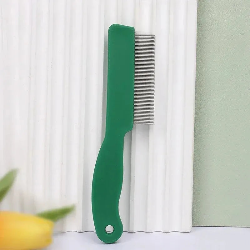 Green plastic handle flea comb with stainless steel pins for pet grooming