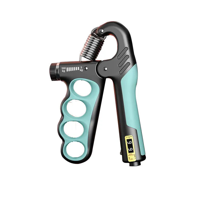 Adjustable five finger spring grip hand exerciser in green with electronic counting display showing 5-150kg range