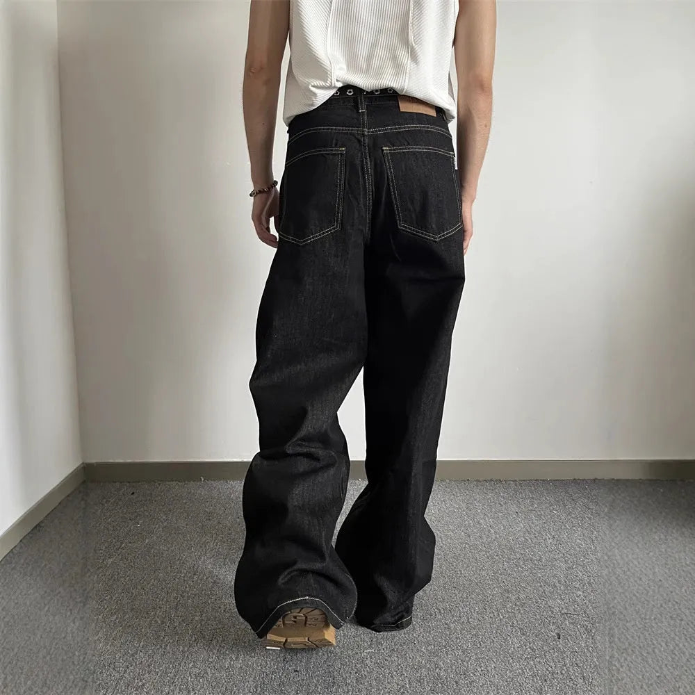 Black loose wide-leg retro jeans with straight-leg cut and mid-rise waist