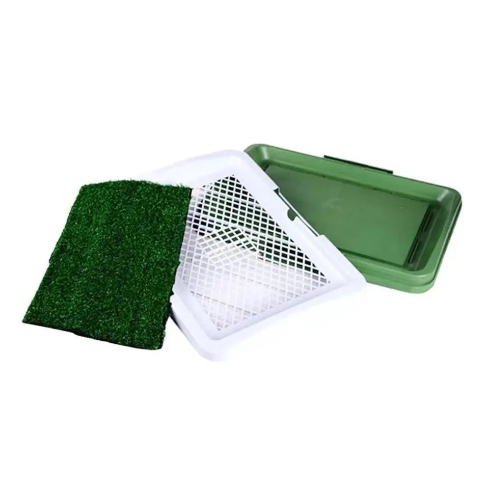 Green artificial turf dog grass patch with plastic base and drainage tray for indoor toilet training