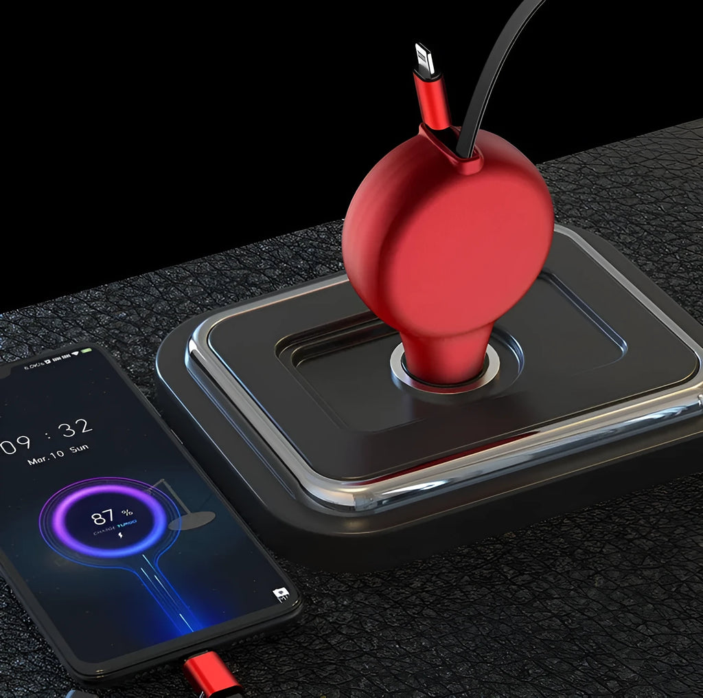 Retractable dual USB car charger with compact 58mm body and extendable cables in black colour