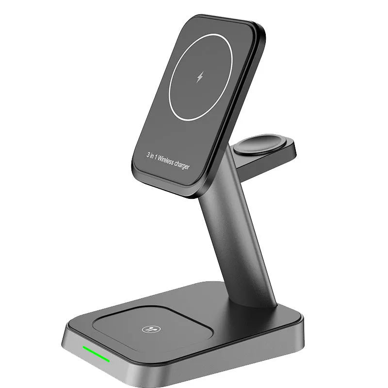 Black vertical three-in-one wireless charging station for mobile phones and watches