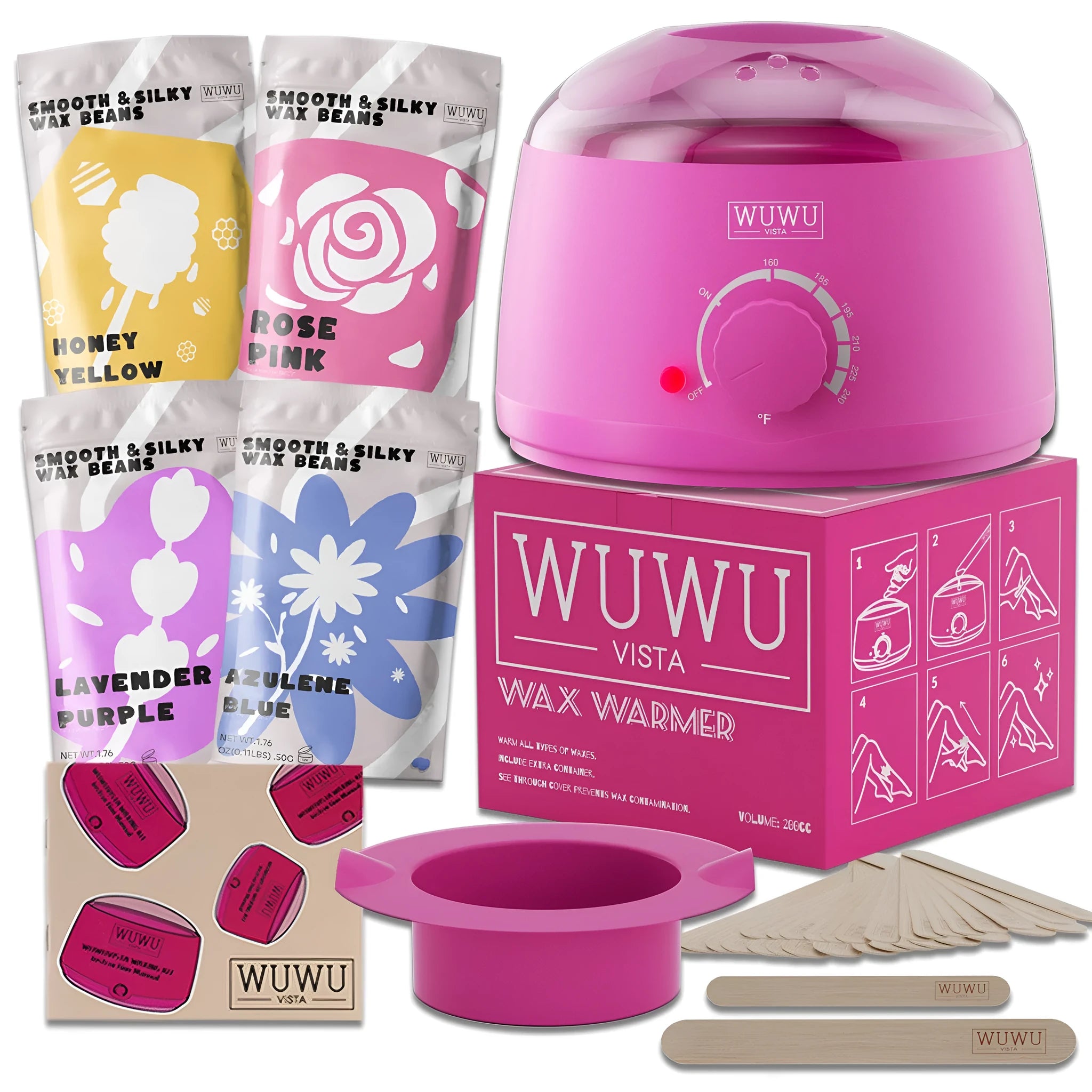 27-piece hypoallergenic hair removal wax kit with machine, coloured wax beads, sticks, and guidebook.