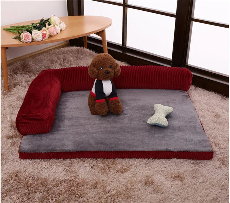 Corduroy dog sofa bed with bolster edge and non-slip base in grey colour