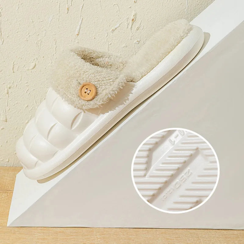 Plaid detachable EVA house slippers with plush lining, shown in pink for women.