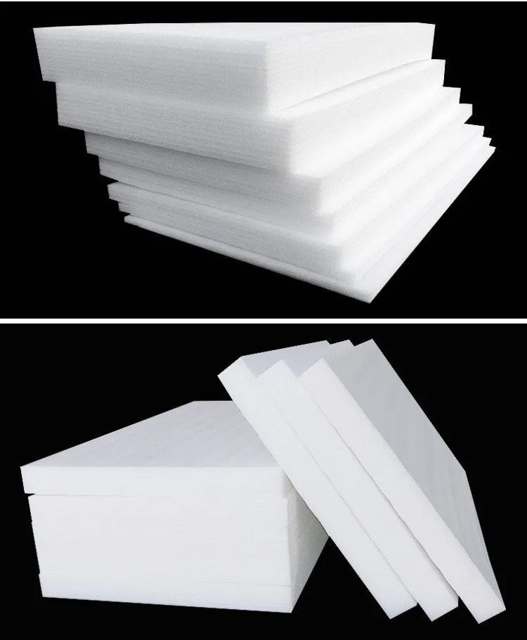 White high density EPE pearl cotton foam board showing thickness, 2 metres by 1 metre.