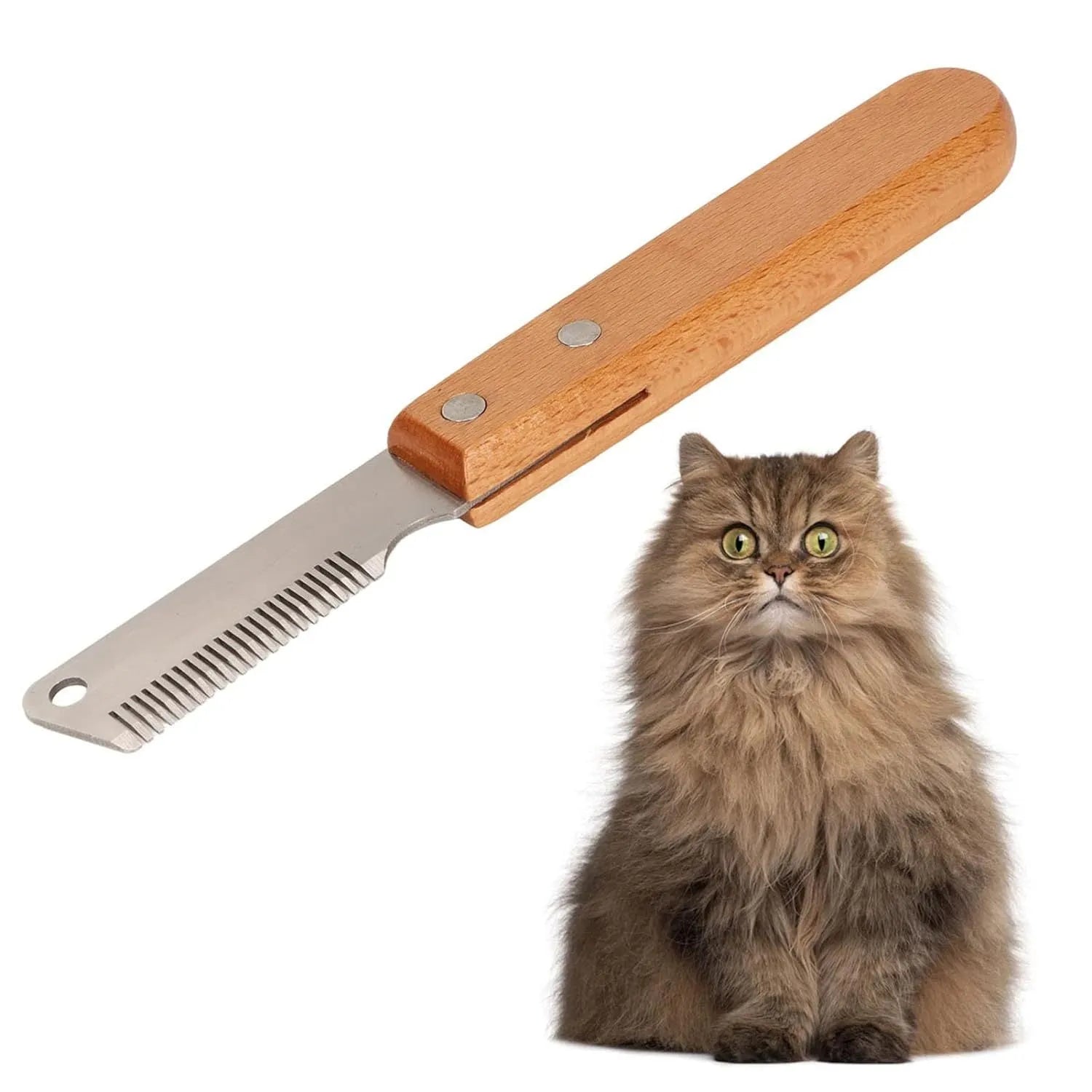 Pet stripping comb with wooden handle and metal fittings in two sizes